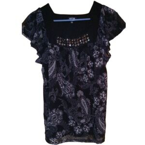 Apt. 9 Sz L Womens Flutter Sleeve Blouse Top Y2K Monochrome Embellished Career